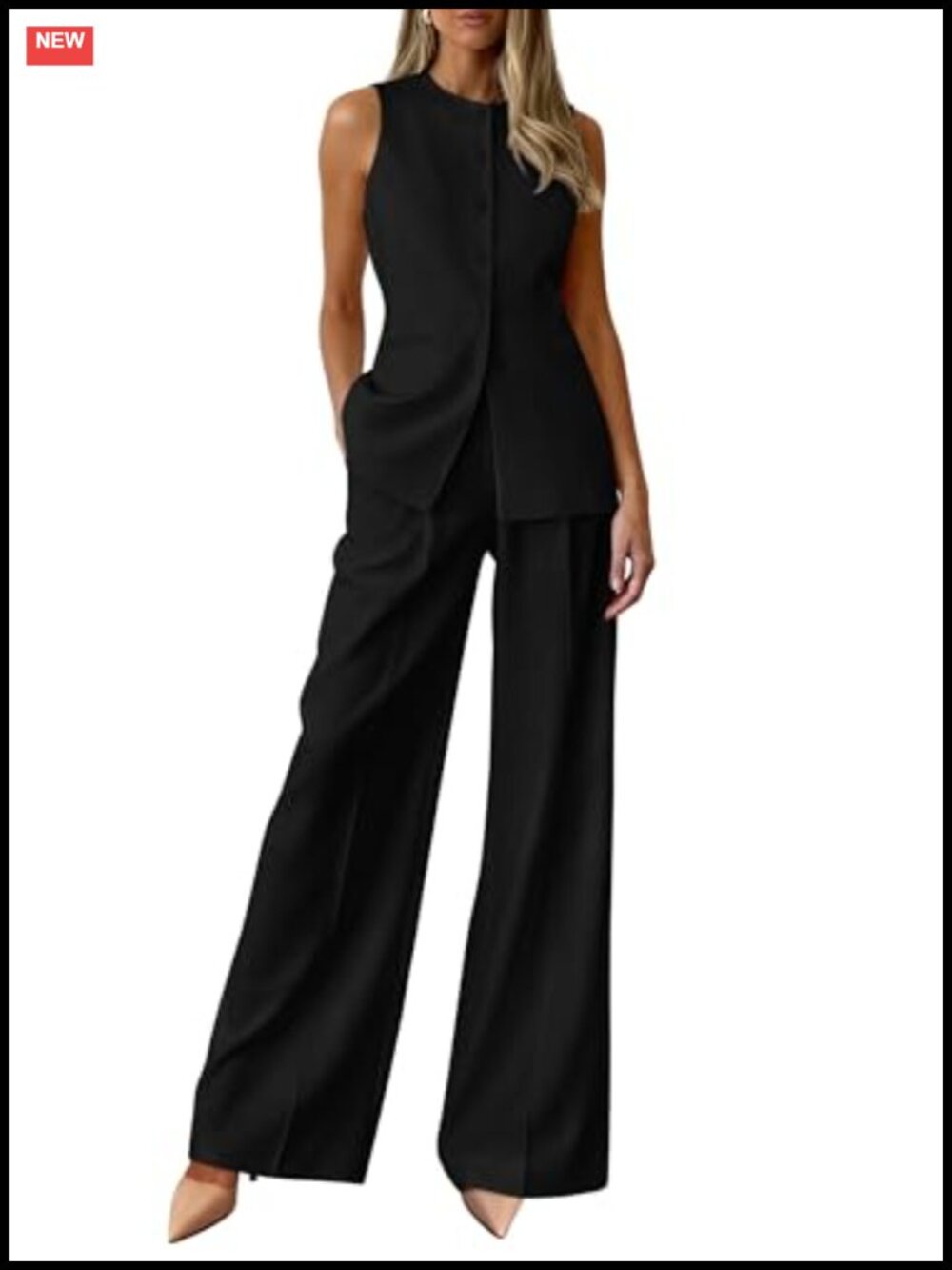 2 Piece Pantsuit Business Casual Vest & Wide Leg Pants Set